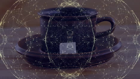 dark ceramic coffee cup with sugar cube resting on wood table, glowing 3d overlay forming link