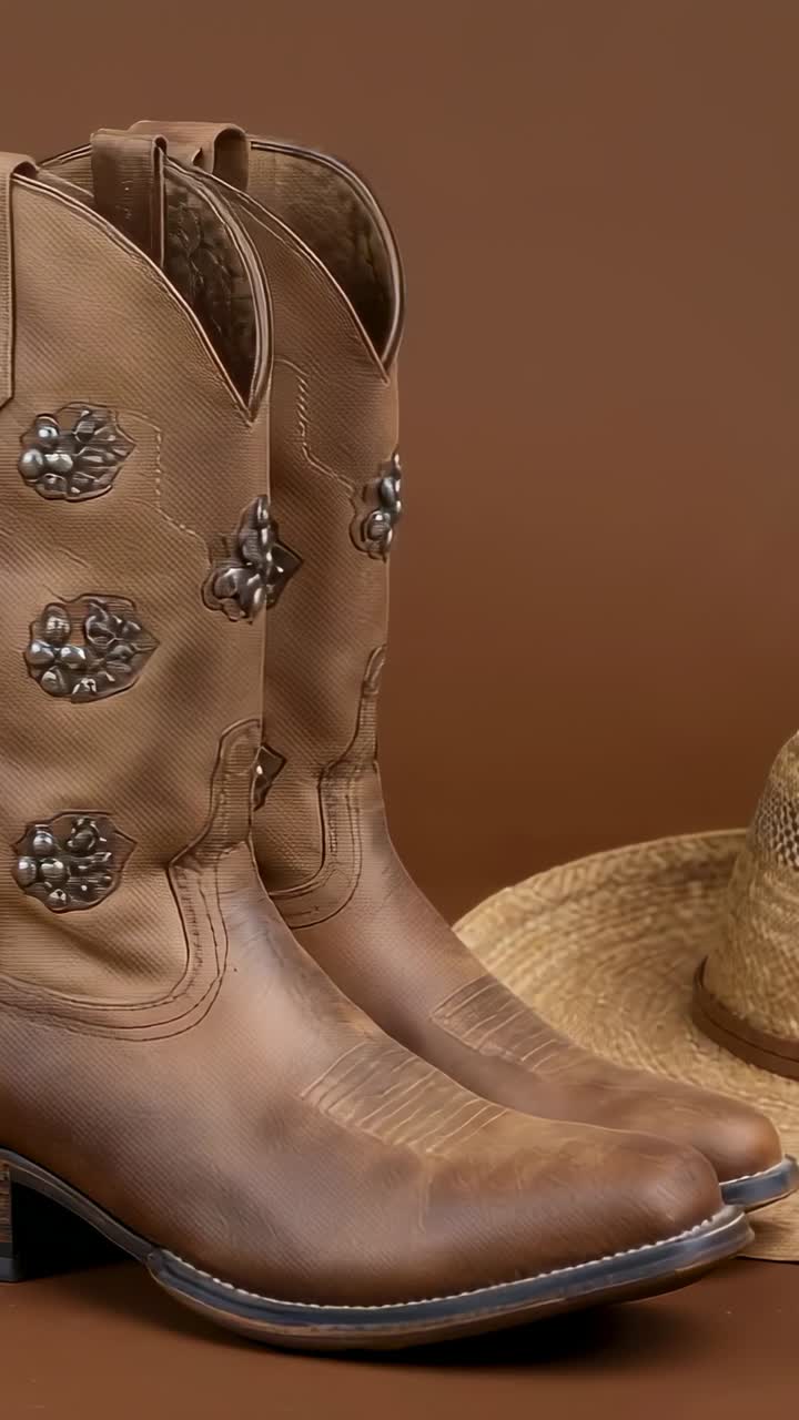 Vertical video: Activating turntable rotating leather boots on studio tabletop, revealing straw hat