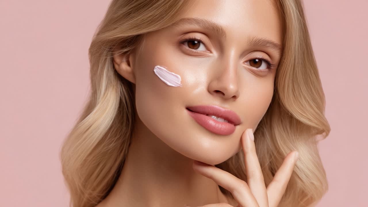 A Beautiful Young Woman Applying Skincare in Soft Pink Lighting, Showcasing Healthy Skin and Radiant Complexion with a Hint of Playfulness and Confidence