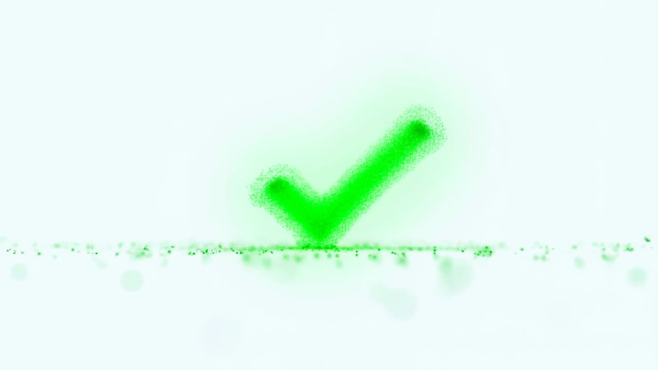 Eine hellgrüne Partikelform bildet eine klare Häkchenform über einer dünnen horizontalen Linie auf einem blassweißen Hintergrund, mit leuchtender Streuung, sanftem Dunst, viel Leerraum und einem modernen, minimalistischen visuellen Stil.