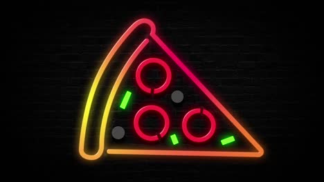 el letrero de pizza de neón en la pared de ladrillo negro, animación en bucle