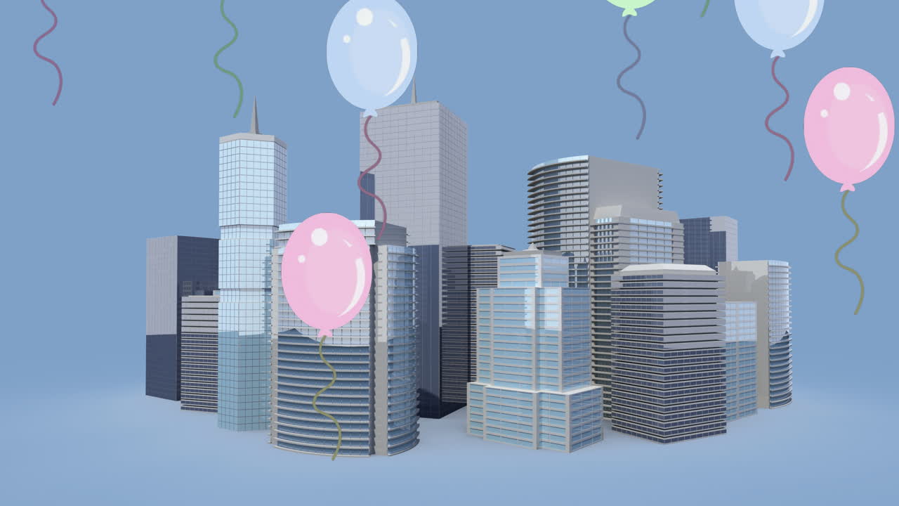 Animazione digitale di più palloncini che fluttuano sopra un modello 3D di grattacieli su sfondo blu