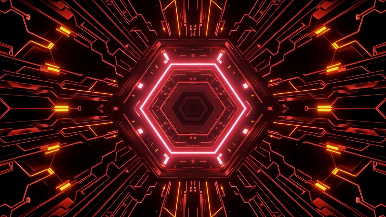 Loop continuo di un tunnel cibernetico esagonale futuristico con luci al neon