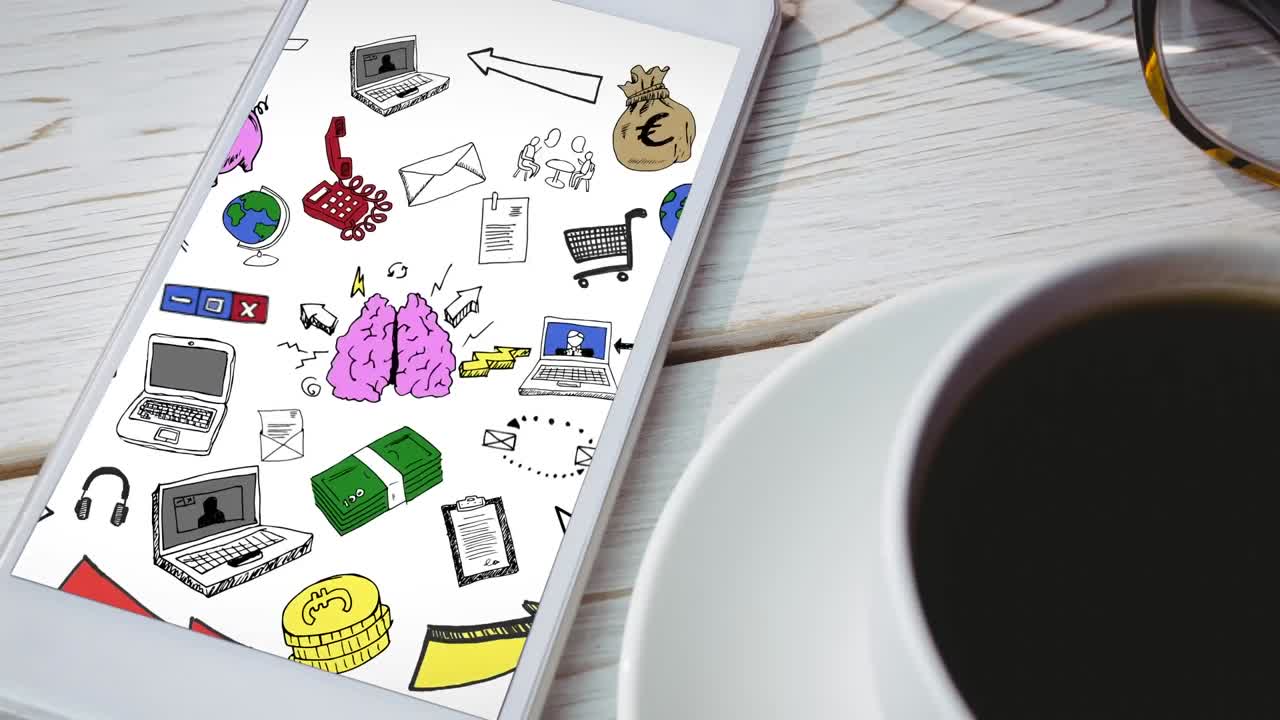 animación del procesamiento de datos financieros sobre iconos comerciales en la pantalla del teléfono inteligente.