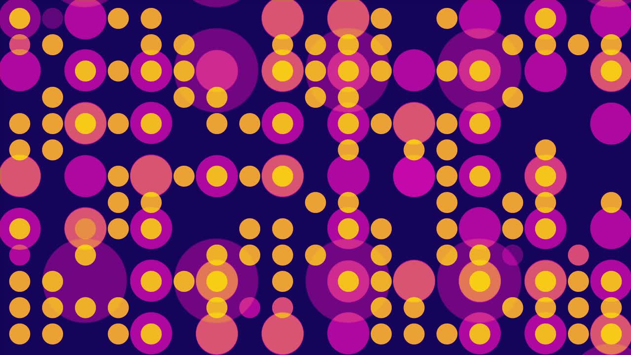Vibrant abstract grid pattern with flashing and blinking purple and orange circles on deep blue background in the style of 70s