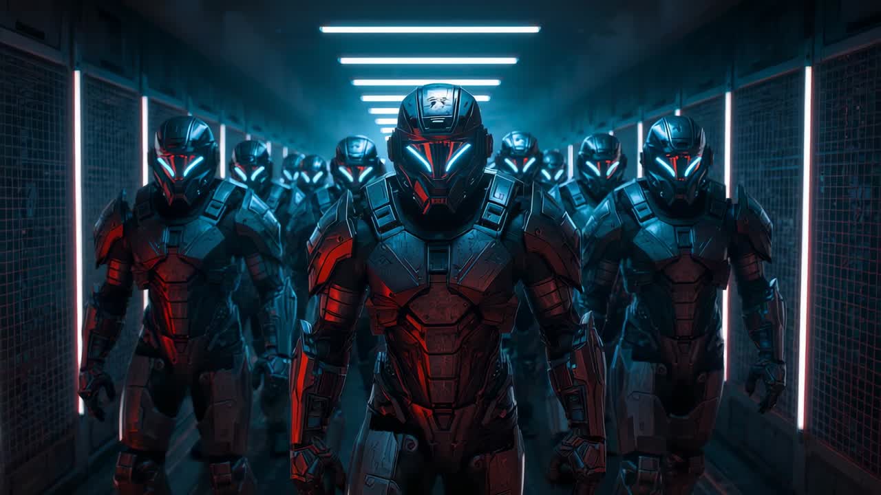 Marching futuristic armored soldiers down corridor on command, with mesh walls and LED panels
