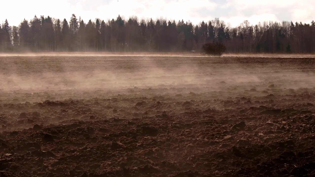 Forward aerial flight, drifting ground mist across freshly worked black soil