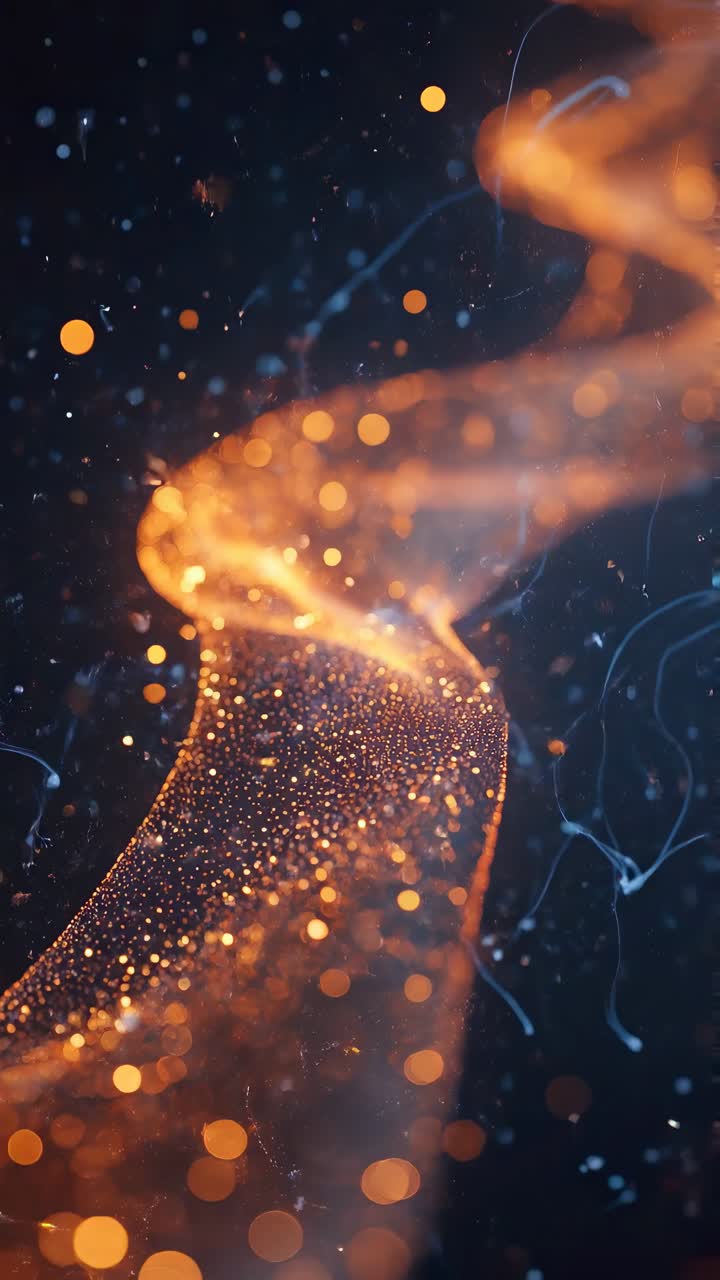 Video astratto di particelle dorate che vorticano, ripreso da un primo piano dinamico