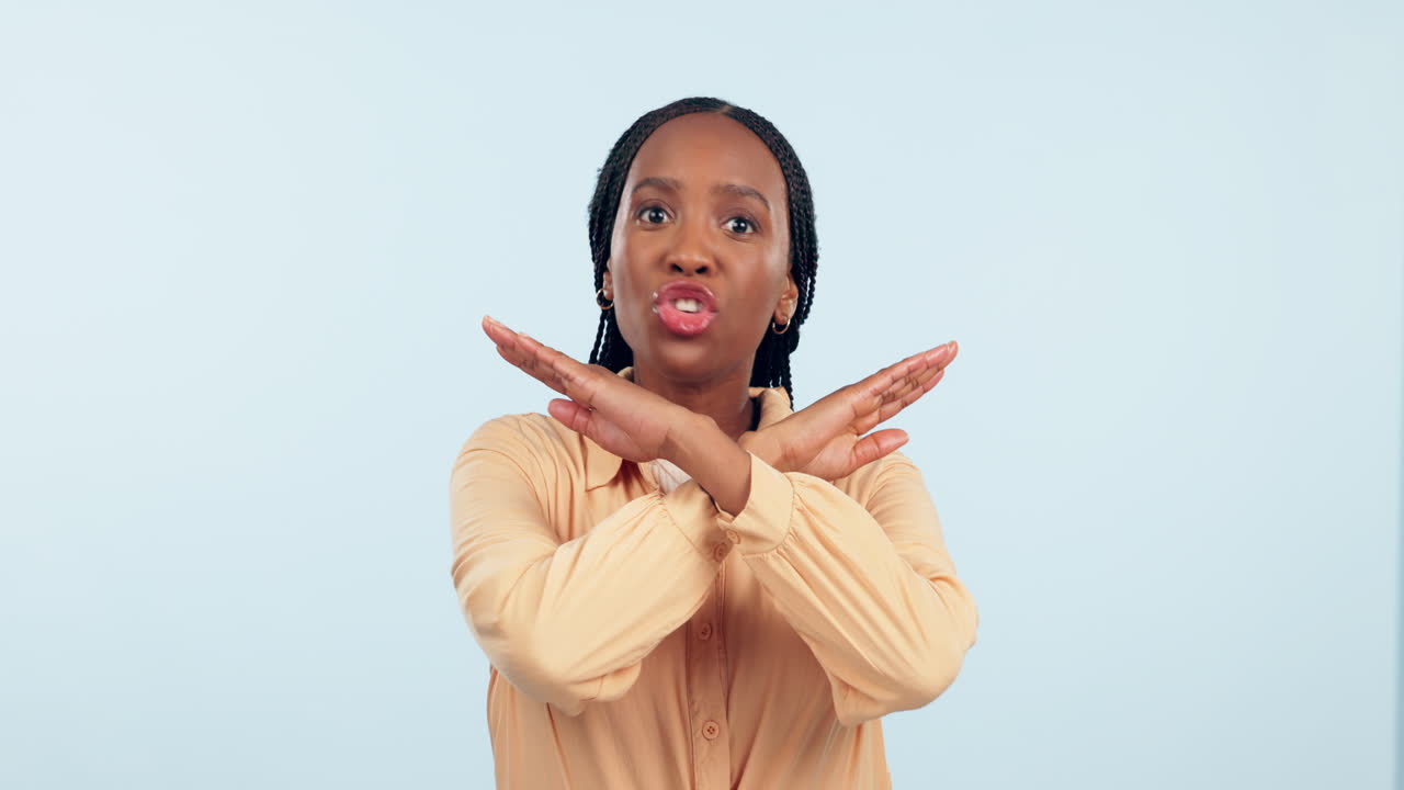 Stop, hand and no vote of woman face with angry
