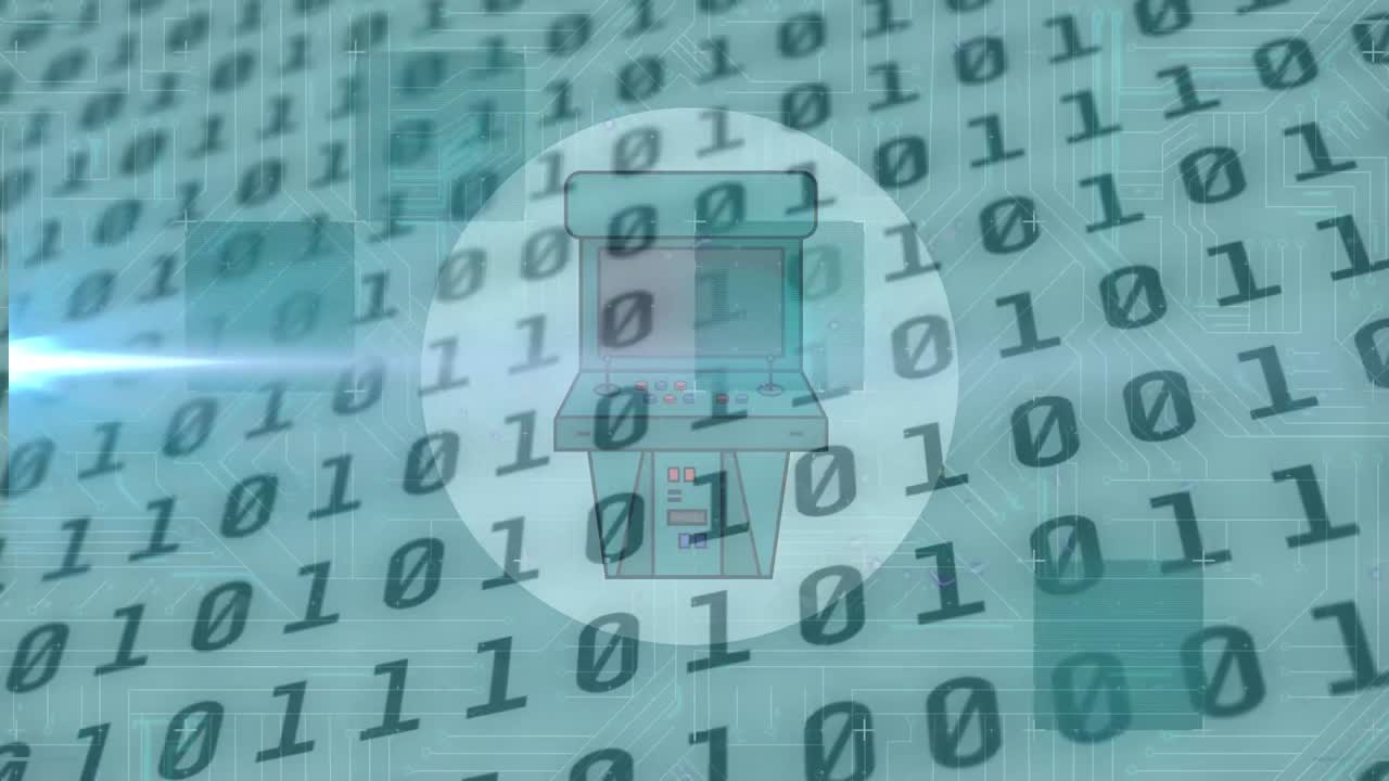 Animation of binary coding and icons over glowing computer circuit board