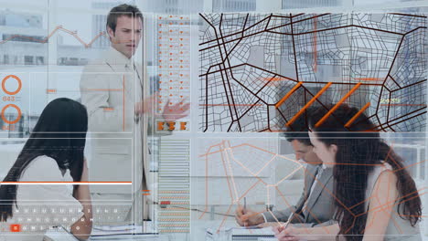 animation of financial data processing over diverse business people in office