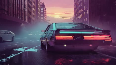 retro-futuristic car driving through a neon city at sunset