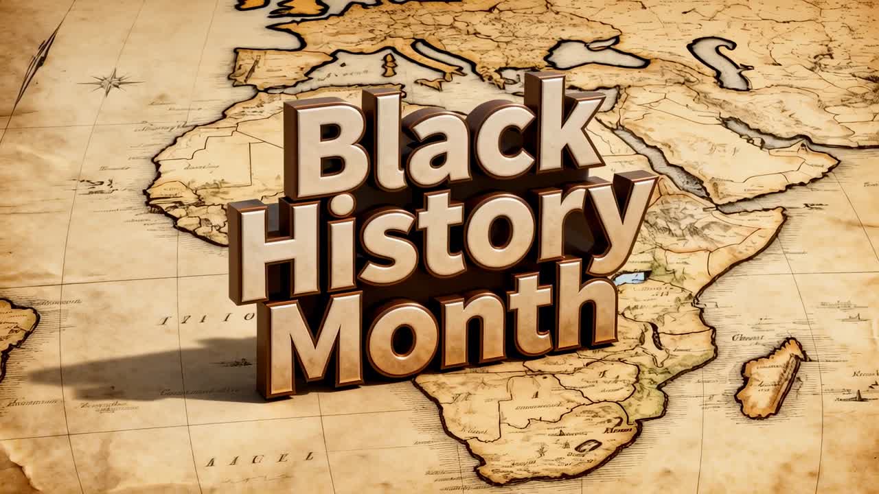 Panning camera moving 3D Black History Month title, centering, revealing north Africa parchment map