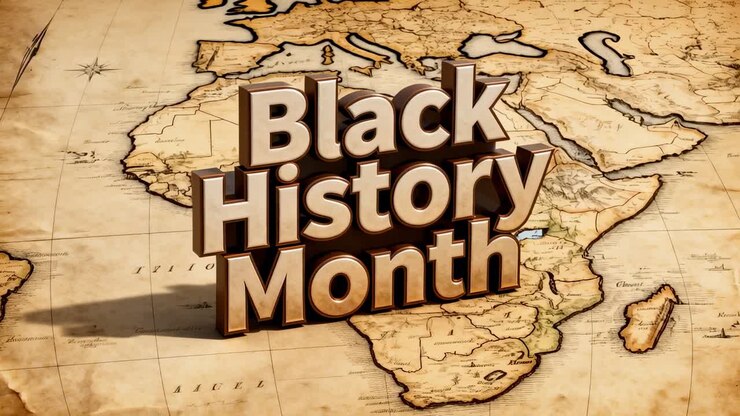 Panning camera moving 3D Black History Month title, centering, revealing north Africa parchment map