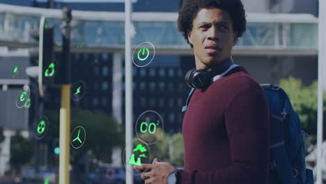 man scanning smartphone at urban intersection, displaying floating green environmental icons