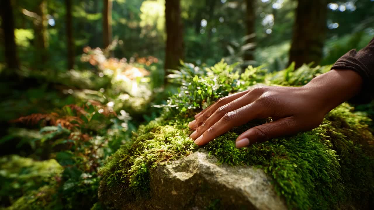 A Serene Exploration of Nature: The Touch of Human Hand on Vibrant Moss in a Lush Forest, Capturing the Harmony Between Human Presence and the Beauty of the Natural World in a Tranquil Setting