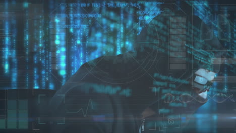 animation of data processing over hacker with laptop