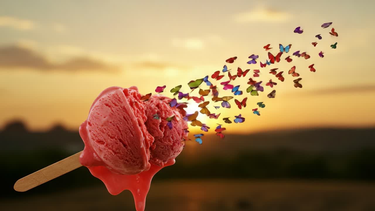 A Delicious Ice Cream Scoop Melting in the Golden Sunset, Surrounded by Colorful Butterflies, Capturing a Whimsical Moment of Joy and Sweetness