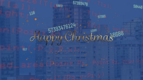 animación del procesamiento de datos y texto de feliz navidad sobre el paisaje urbano