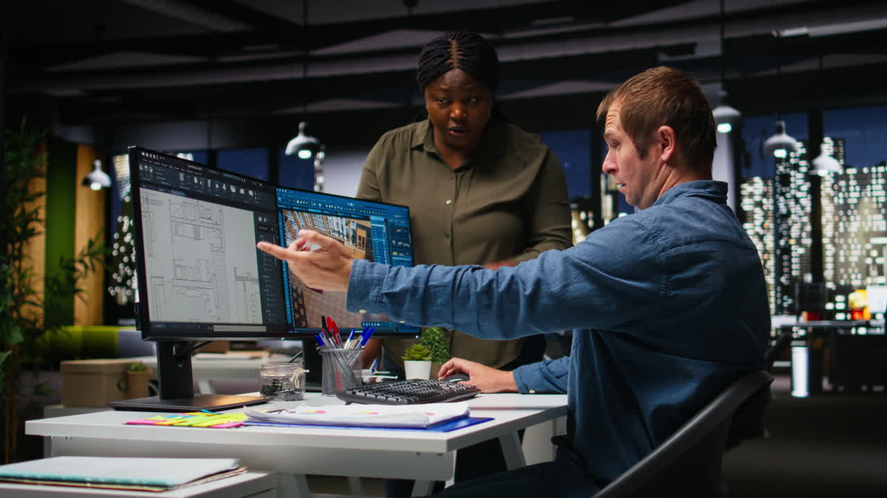 Graphic design team use architectural software and blueprints for 3D render