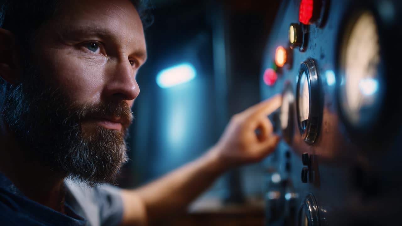 Een geconcentreerde man bedient complexe machinebesturingen en past nauwkeurig de instellingen aan, terwijl hij zich verdiept in het ingewikkelde paneel met lampjes en meters voor zich