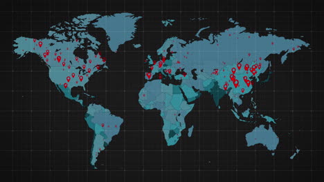 animation of the world map and countries turning red through circles in a dark background