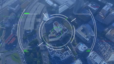 animation of scope and data processing over cityscape