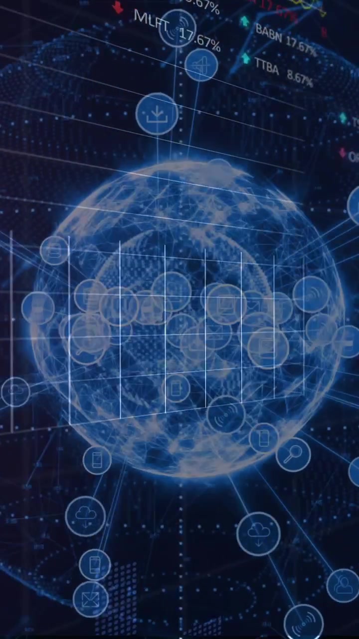 Animating global network connections and data processing over financial market charts