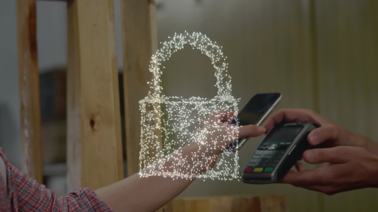 animación del candado de seguridad de la red sobre las personas que utilizan el terminal de pago