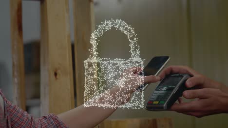 animation of network security padlock over people using payment terminal
