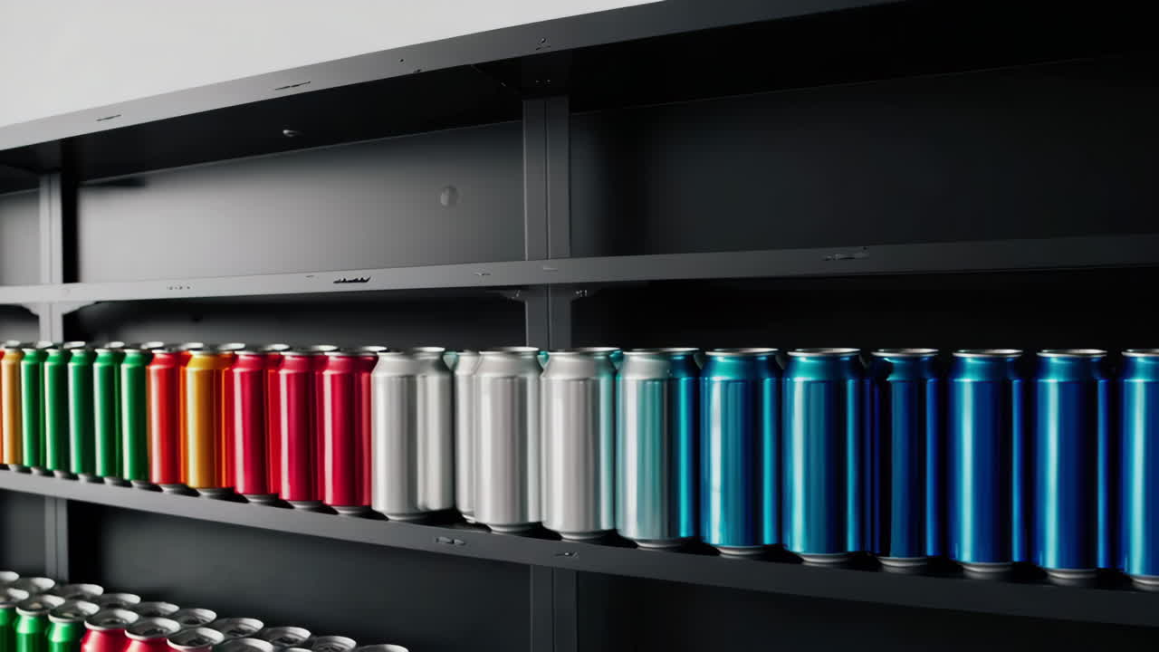Rows of Colorful Beverage Cans on a Shelf