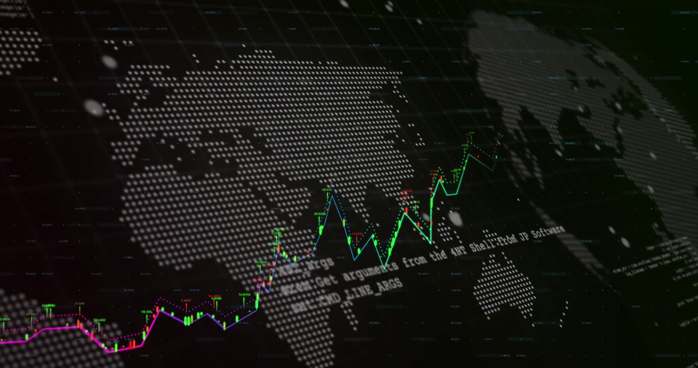 Animazione di grafici e mappa del mondo su sfondo nero