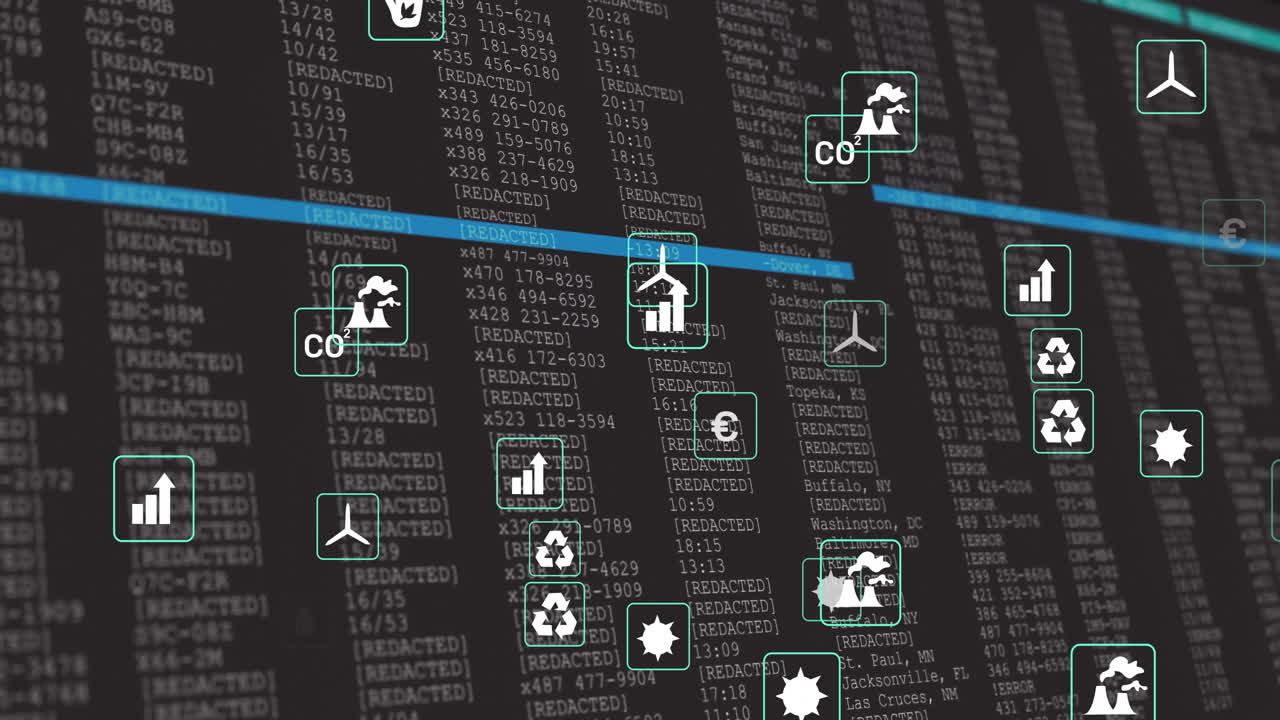 Data processing animation with various icons over detailed numerical information