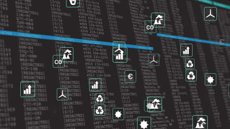 Data processing animation with various icons over detailed numerical information