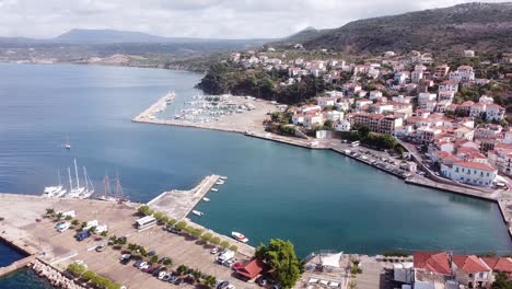 pylos coastal town and harbour at peloponnese, greece - aerial