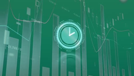 digital animation of neon ticking clock and statistical data processing against green background