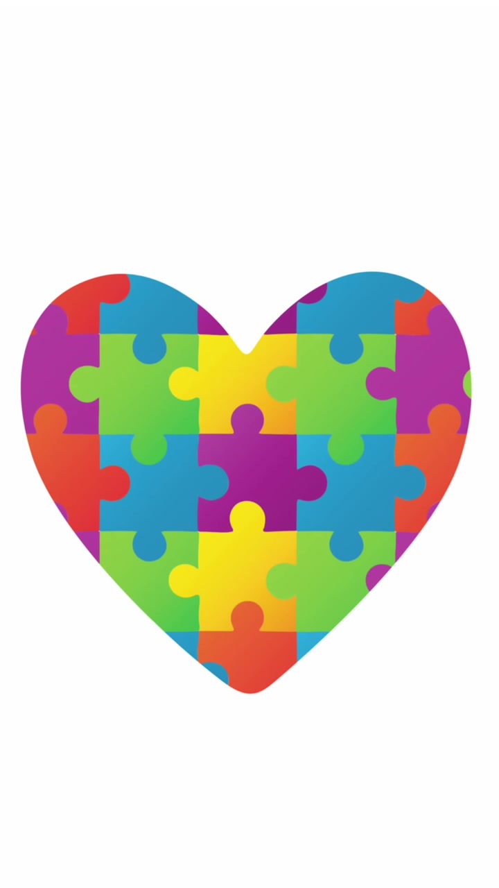 Animazione di un cuore con pezzi di puzzle colorati su sfondo bianco