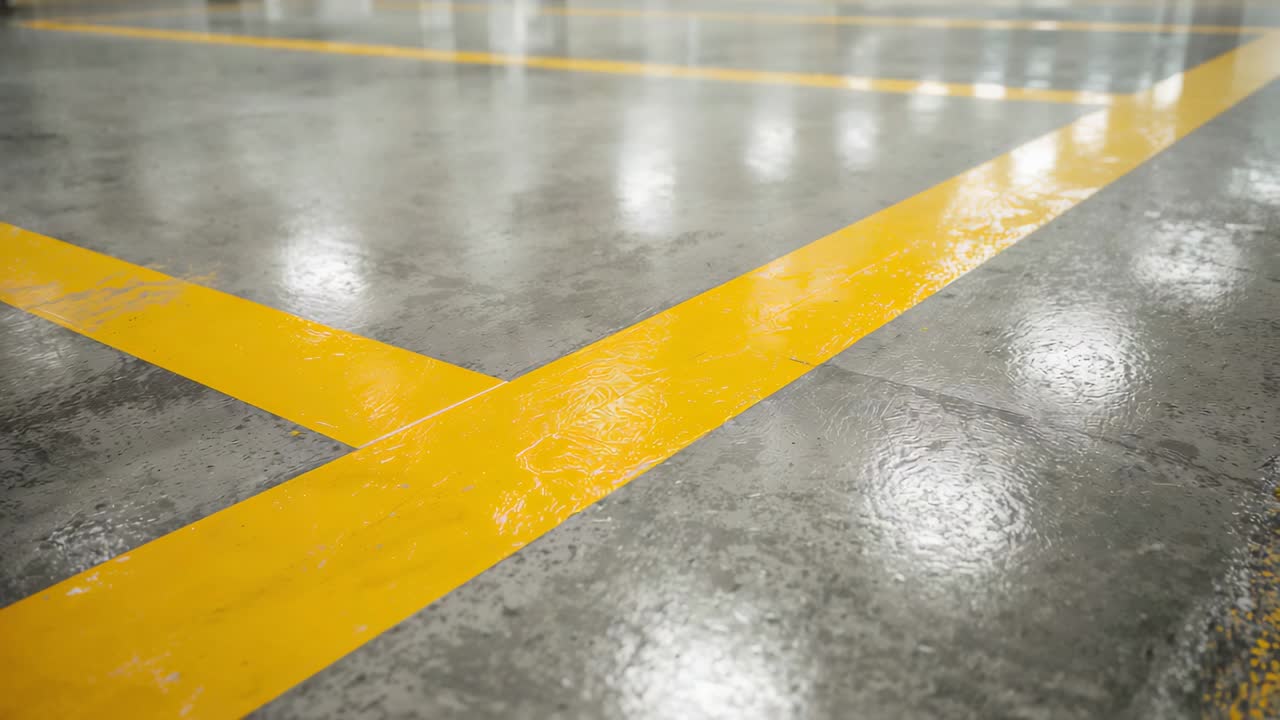 Recording overhead camera capturing yellow safety lines intersecting on concrete floor in warehouse