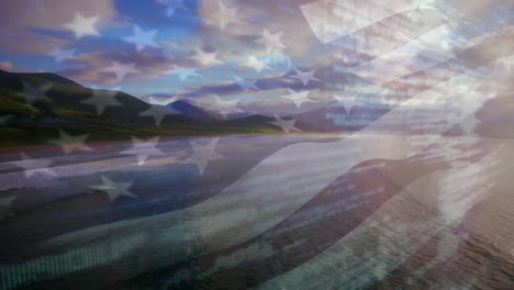 animation of flag of usa waving over data processing and landscape