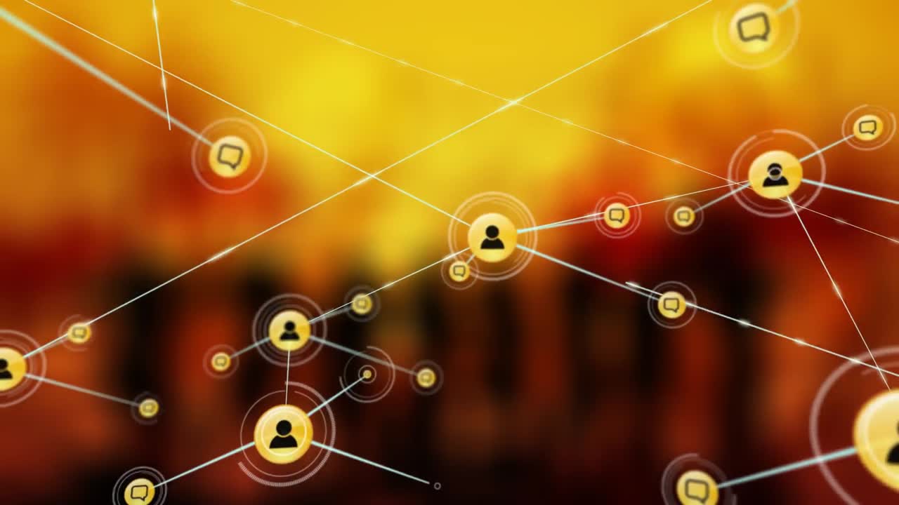 빨간색 그라디엔트 배경에 대한 디지털 아이콘 네트워크의 애니메이션