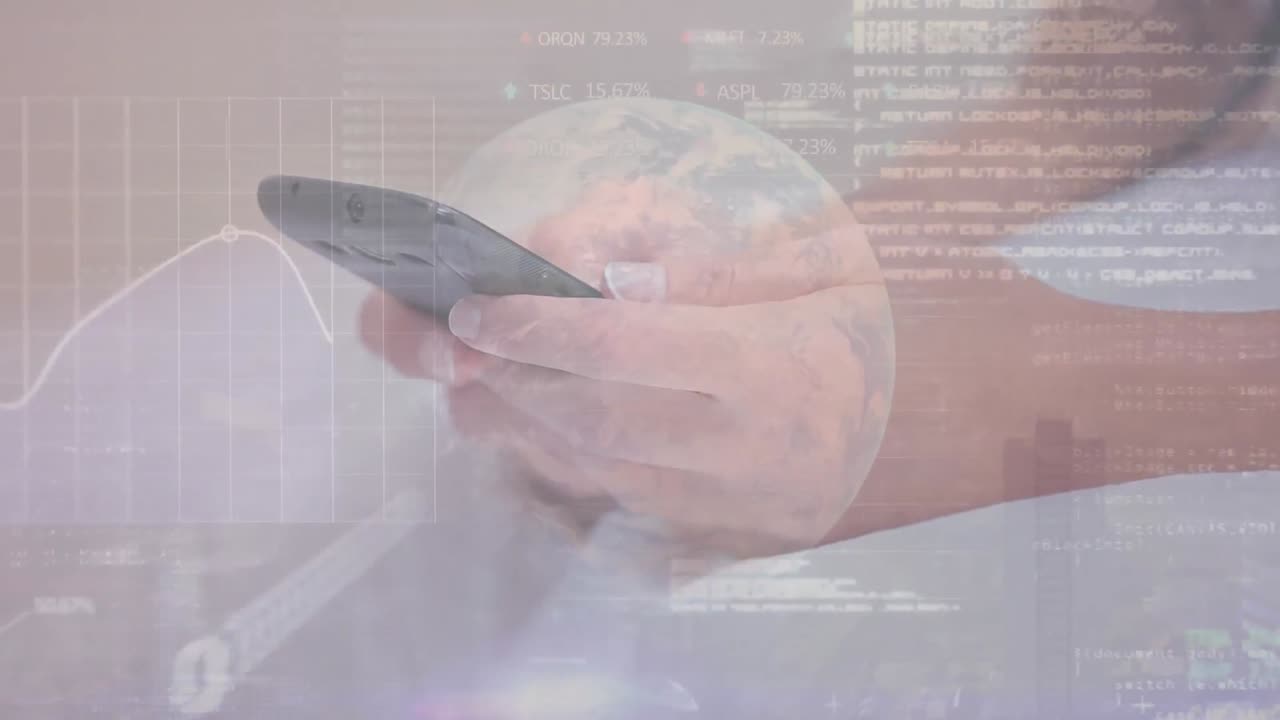 스마트폰을 사용하는 카우카스 여성 사업가에 대한 지구의 애니메이션과 데이터 처리