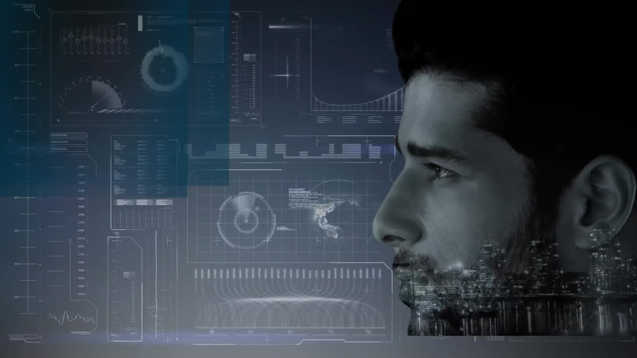 Animation of data processing, cityscape and red shapes over man face