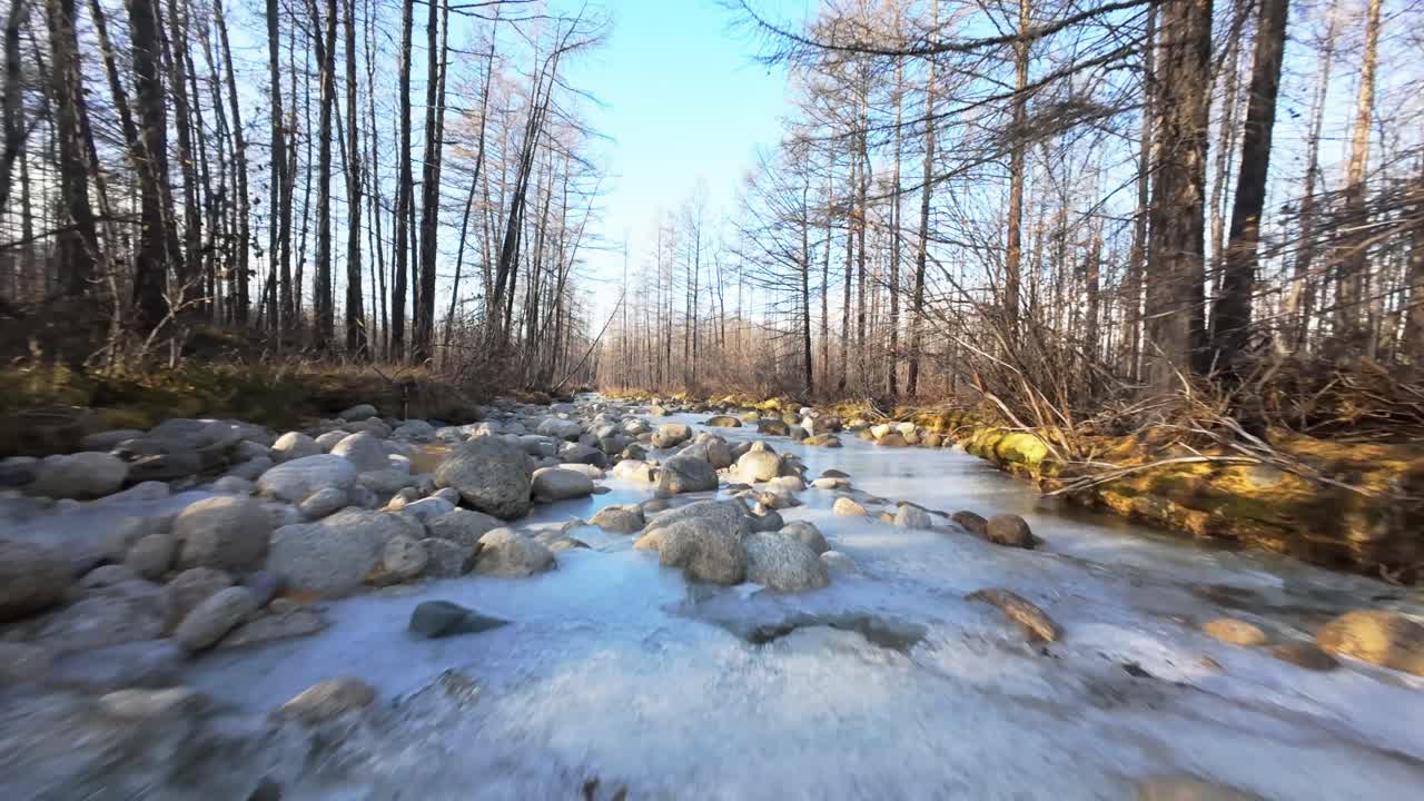 Experience the tranquil beauty of Yakutia as a drone glides over icy waters and stunning wilderness. Discover the vivid details of nature’s untouched splendor in this captivating journey.