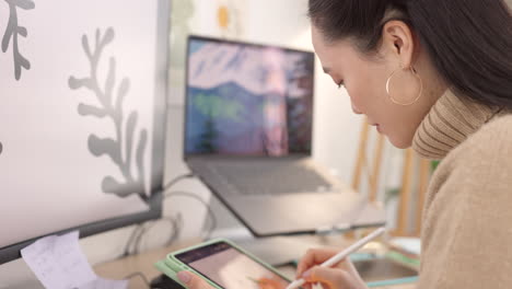 woman, tablet and designer in studio for drawing