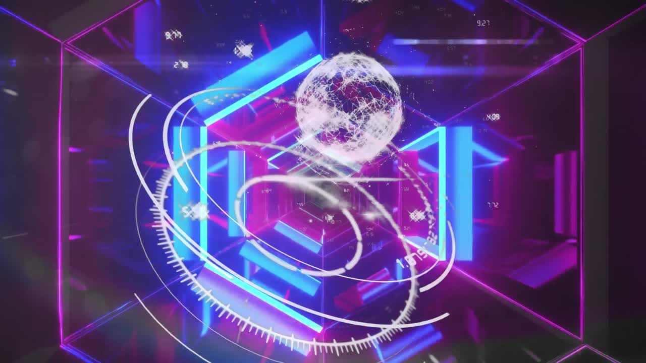 가공 원과 회전하는 지구의 애니메이션은 빛으로 만들어진 터널 위에 있으며 빠르게 움직입니다.