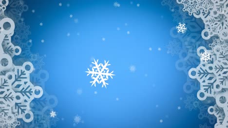 Animation-Von-Weihnachtsdekorationen-Und-Schneeflocken,-Die-Auf-Blauen-Hintergrund-Fallen