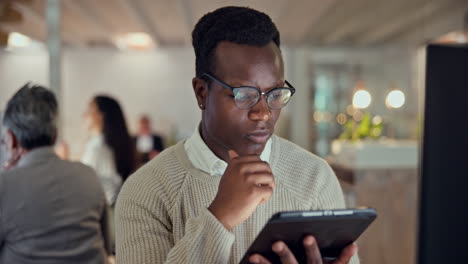 thinking, ideas and business man on tablet