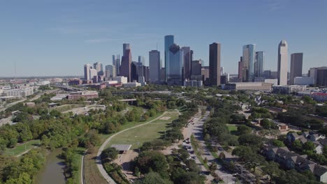 Aerial---Buffalo-Bayou-Park-with-Houston-skyline-in-the-background