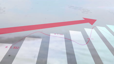 animation of upward red arrow and graphs processing data over sky and landscape