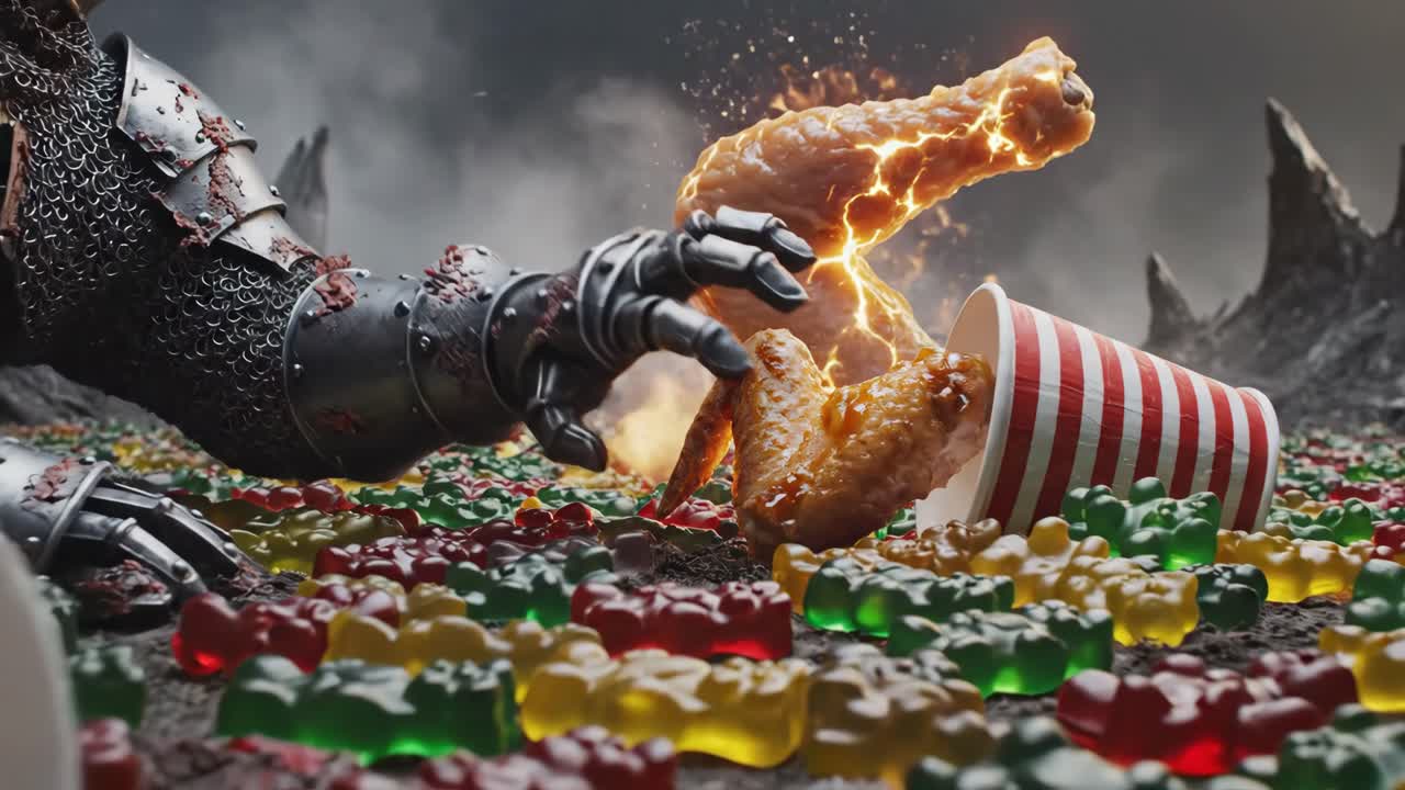 A surreal scene of chicken wings, gummy bears and a knight's armored arm